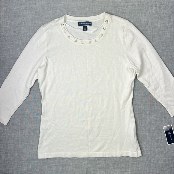 White Embellished Crewneck Sweater Petite Size Medium - Picture 2 of 5